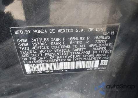 2015 Honda Fit Ex/Ex-L z USA, uszkodzony, nr VIN 3HGGK5H83FM776159